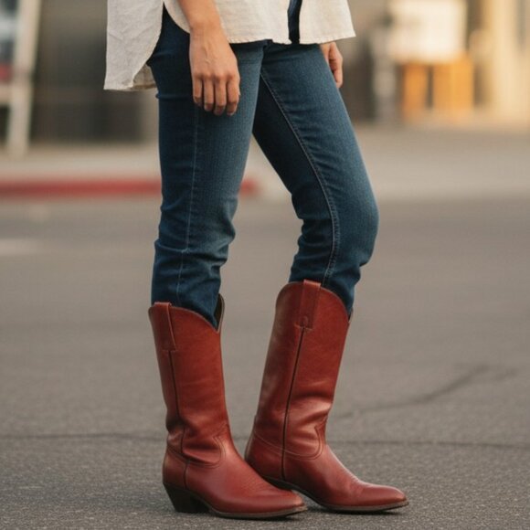 1980 Frye Vintage Red Leather Embroidered Heeled Western Fall/Summer Cowboy Boot - Picture 2 of 15